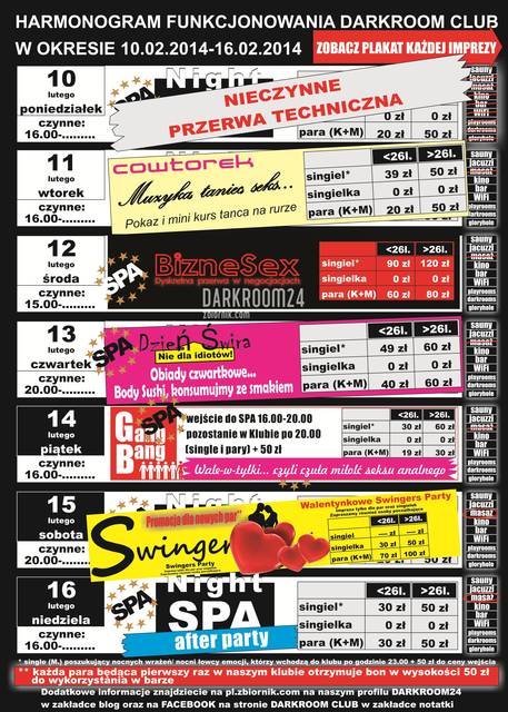 rozkład jazdy DARKROOM CLUB 10.02.2014 - 16.02.2014 - DARKROOM24