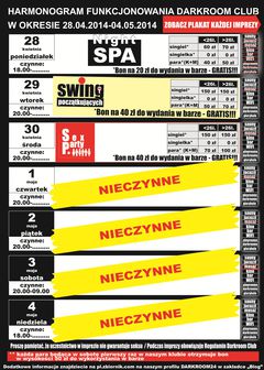 rozkład jazdy DARKROOM CLUB 28.04.2014 - 04.05.2014