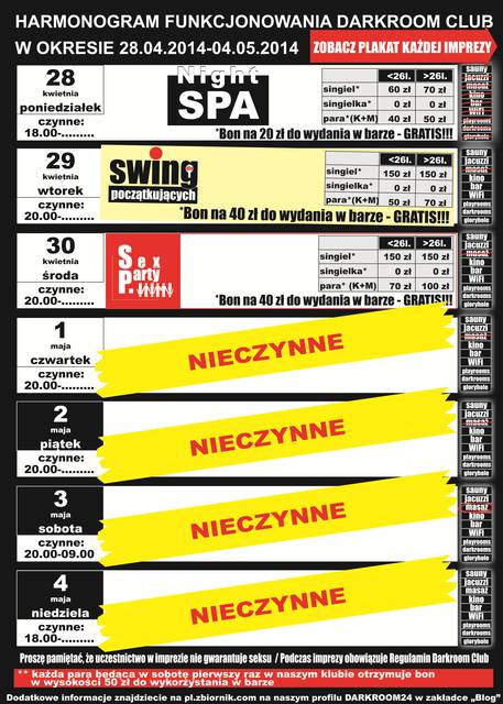 rozkład jazdy DARKROOM CLUB 28.04.2014 - 04.05.2014 - DARKROOM24