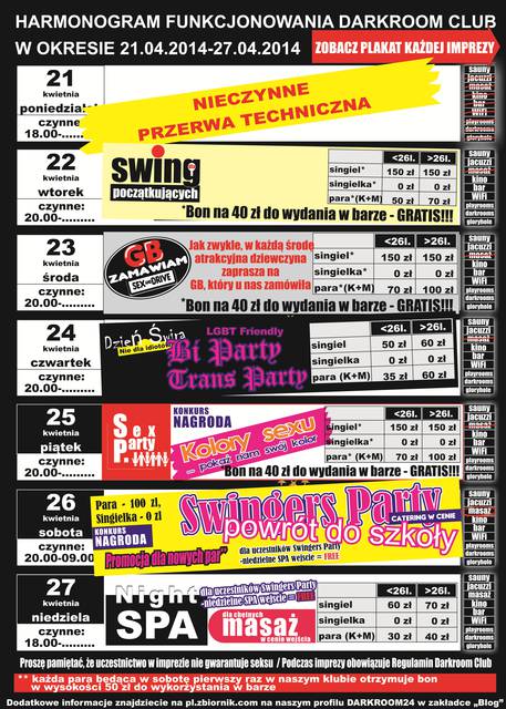 rozkład jazdy DARKROOM CLUB 21.04.2014 - 27.04.2014 - DARKROOM24