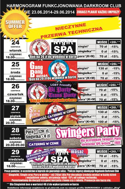 rozkład jazdy DARKROOM CLUB 23.06.2014 r. - 29.06.2014 r. - DARKROOM24