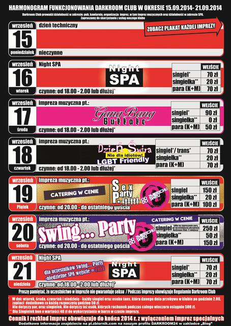 Rozkład jazdy Darkroom Club w dniach 15.09.-21.09.2014 r. - DARKROOM24